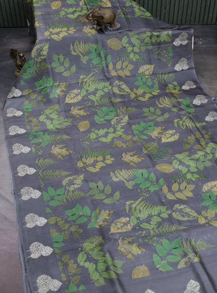 Grey Printed Tussar Silk Embroidery Saree