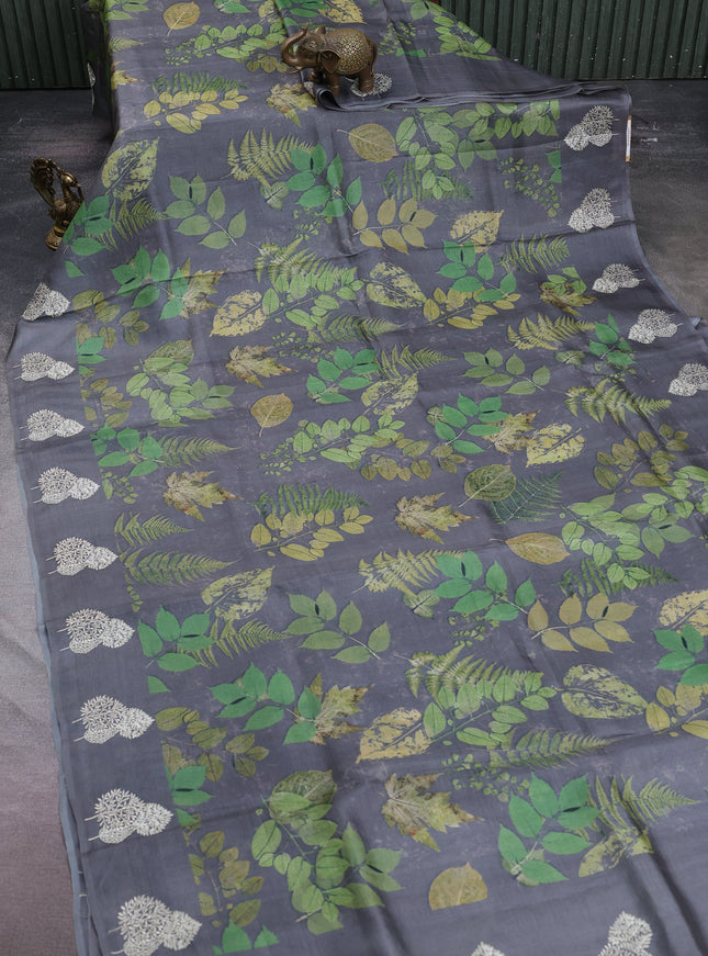 Grey Printed Tussar Silk Embroidery Saree