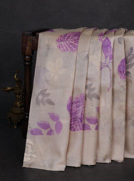 Beige Printed Tussar Silk Embroidery Saree