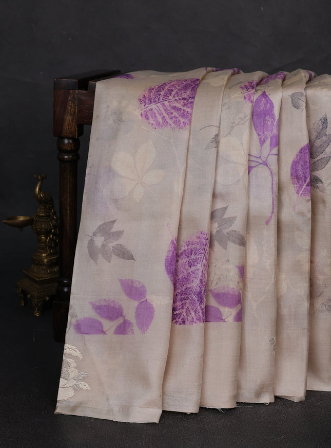 Beige Printed Tussar Silk Embroidery Saree