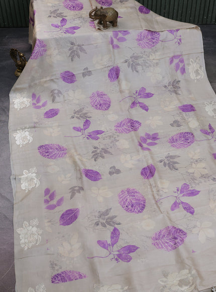 Beige Printed Tussar Silk Embroidery Saree