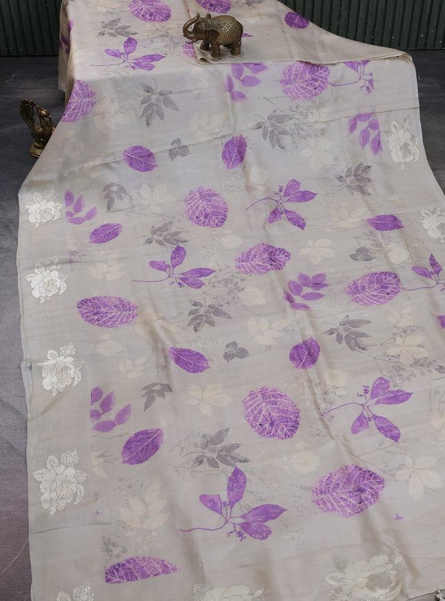 Beige Printed Tussar Silk Embroidery Saree
