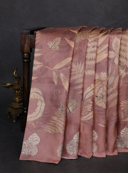 Pastel Brown Printed Tussar Silk Embroidery Saree