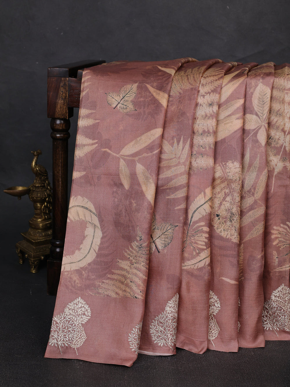 Pastel Brown Printed Tussar Silk Embroidery Saree
