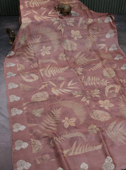 Pastel Brown Printed Tussar Silk Embroidery Saree