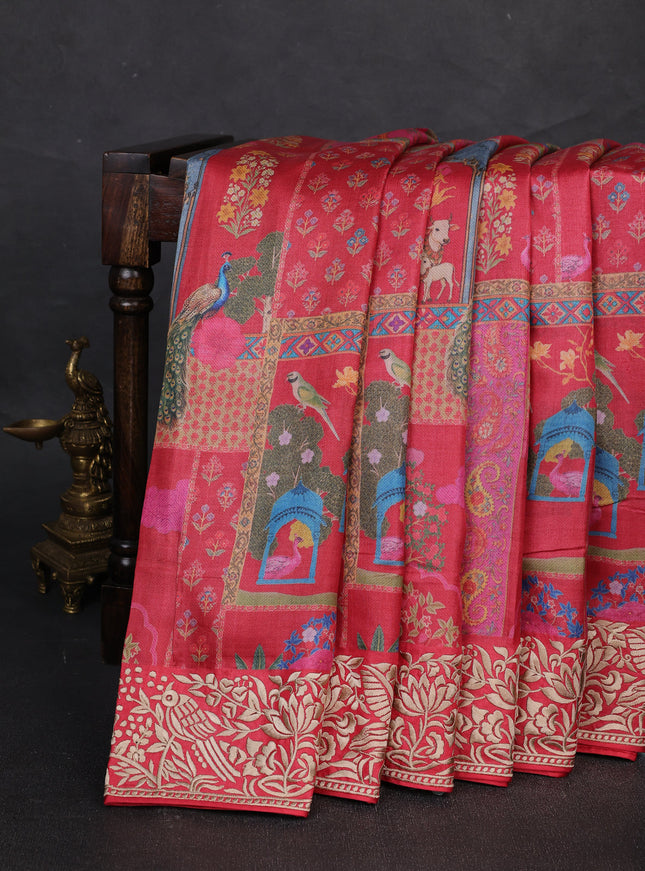 Peach Red Printed Tussar Silk Embroidery Saree