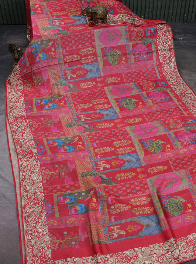 Peach Red Printed Tussar Silk Embroidery Saree
