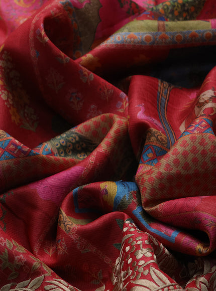 Peach Red Printed Tussar Silk Embroidery Saree