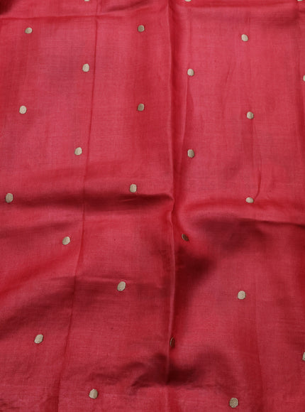 Peach Red Printed Tussar Silk Embroidery Saree