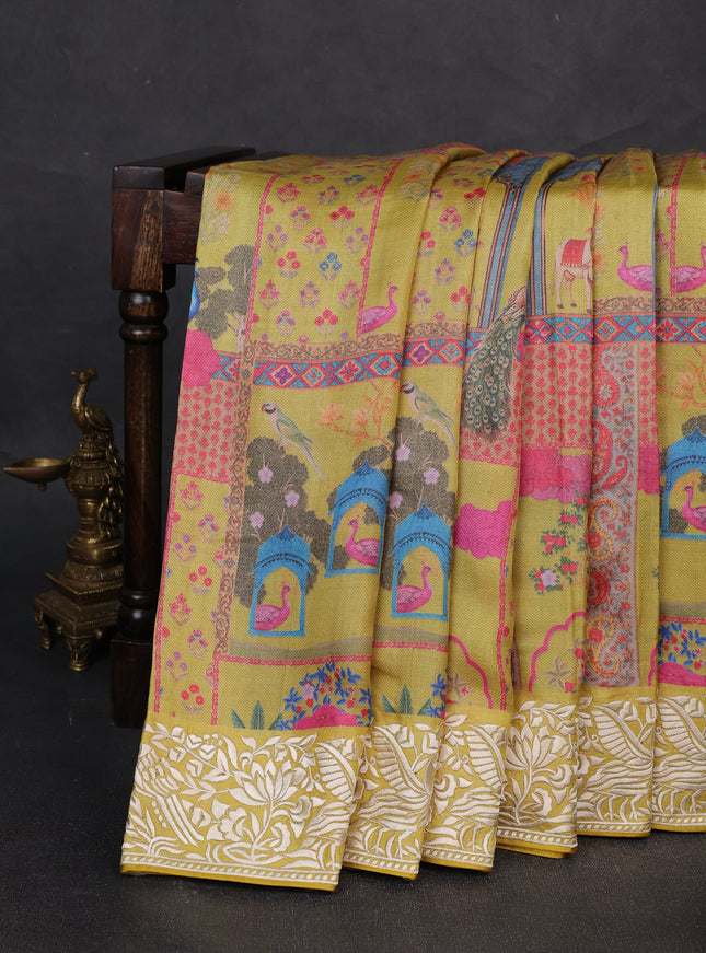 Lime Yellow Printed Tussar Silk Embroidery Saree