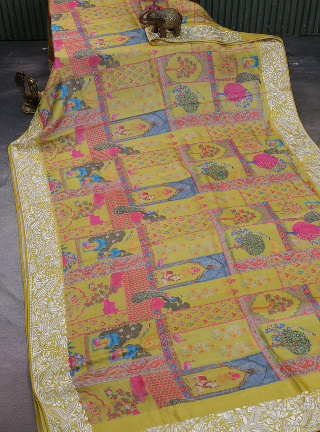Lime Yellow Printed Tussar Silk Embroidery Saree