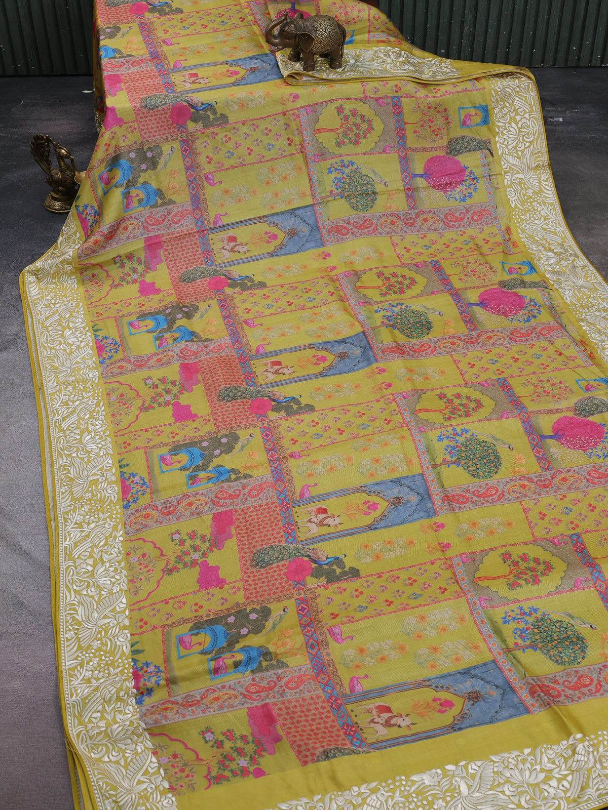 Lime Yellow Printed Tussar Silk Embroidery Saree