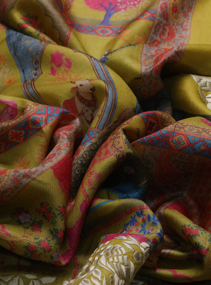 Lime Yellow Printed Tussar Silk Embroidery Saree