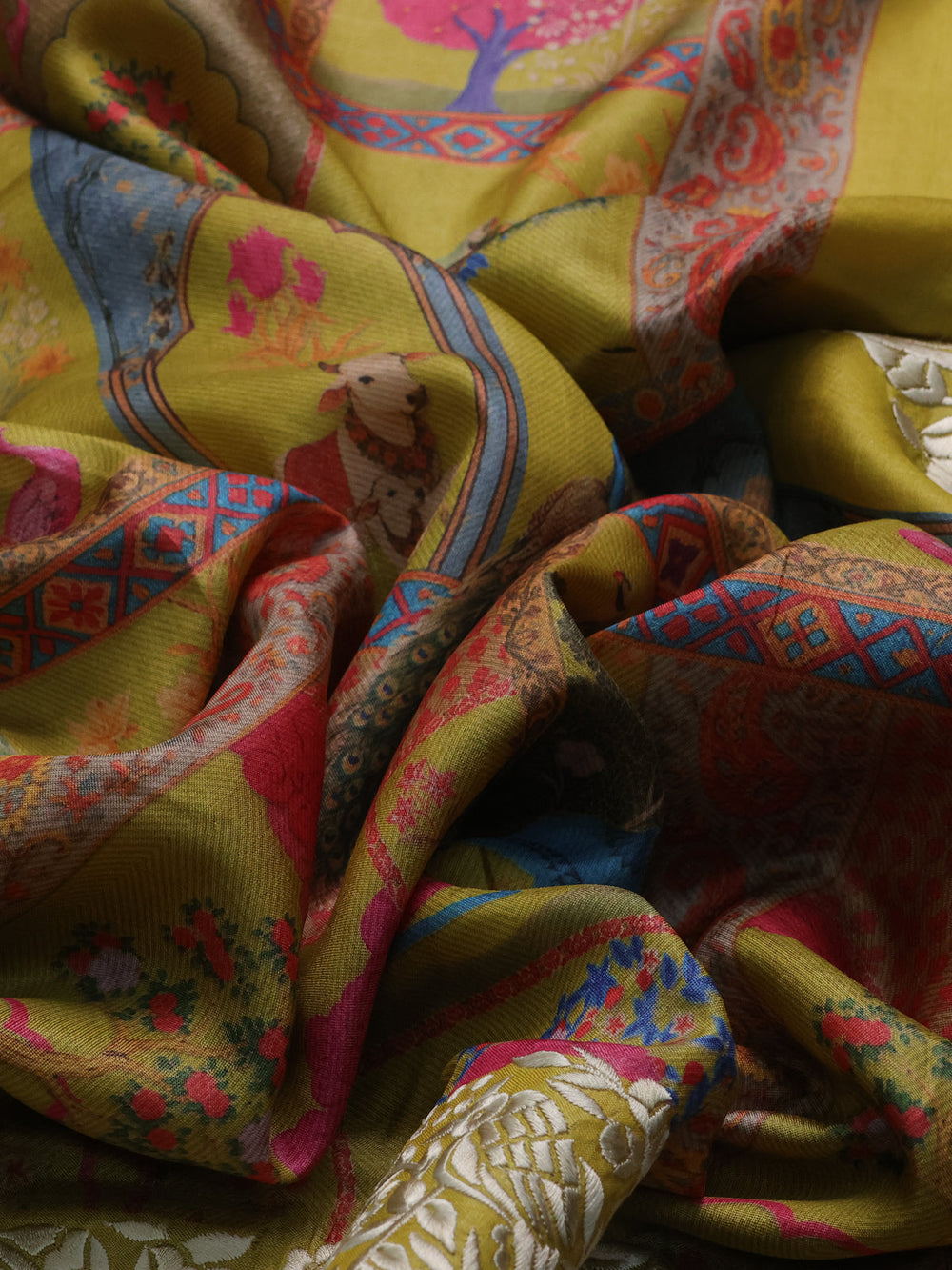 Lime Yellow Printed Tussar Silk Embroidery Saree