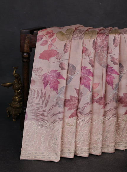 Light Peach Printed Tussar Silk Embroidery Saree