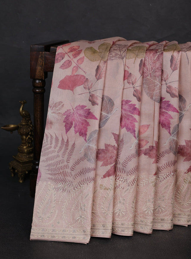 Light Peach Printed Tussar Silk Embroidery Saree