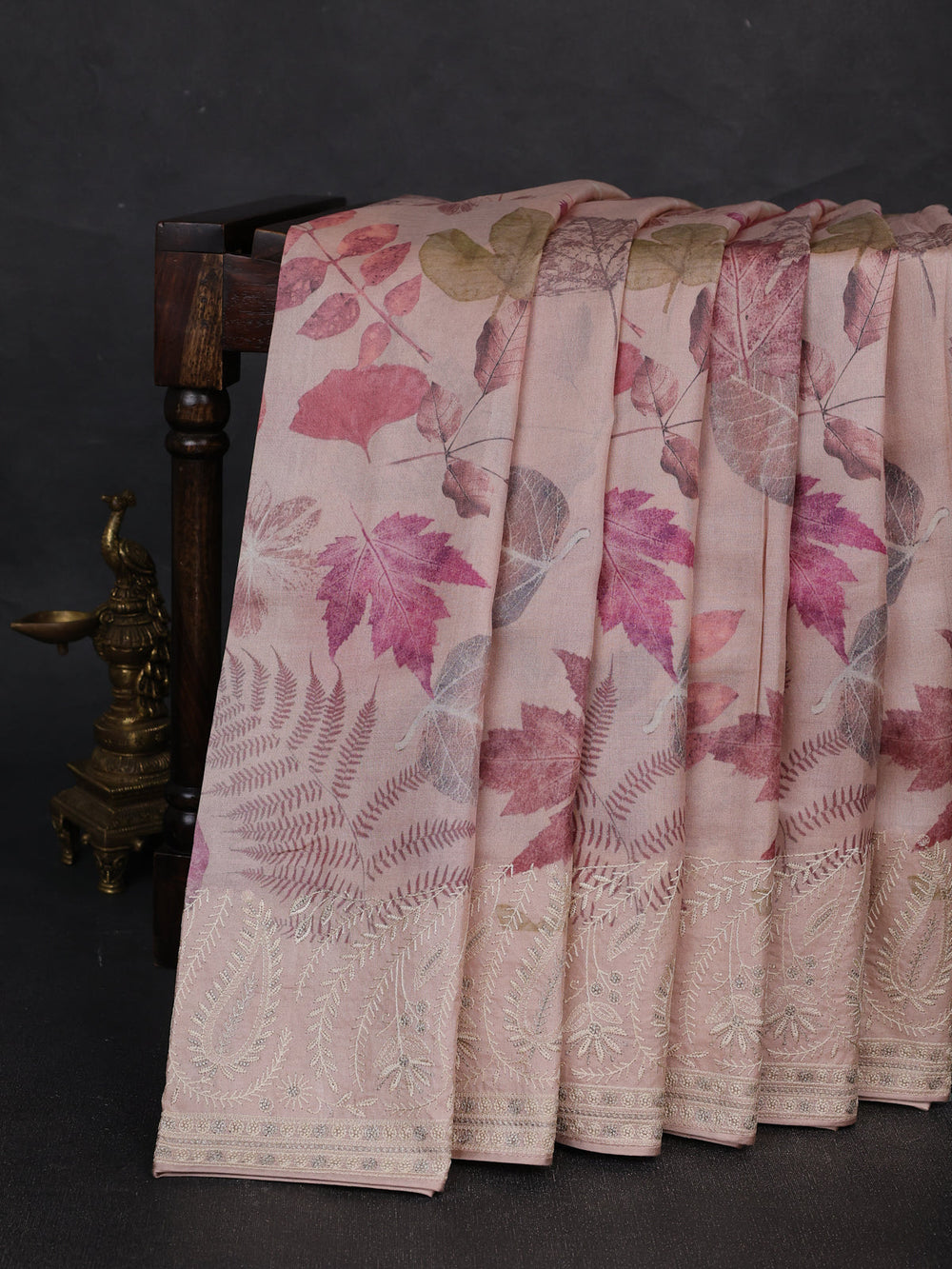 Light Peach Printed Tussar Silk Embroidery Saree