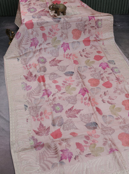 Light Peach Printed Tussar Silk Embroidery Saree