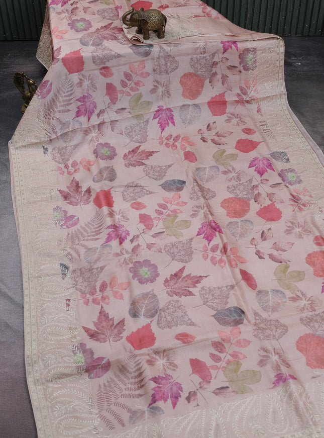 Light Peach Printed Tussar Silk Embroidery Saree