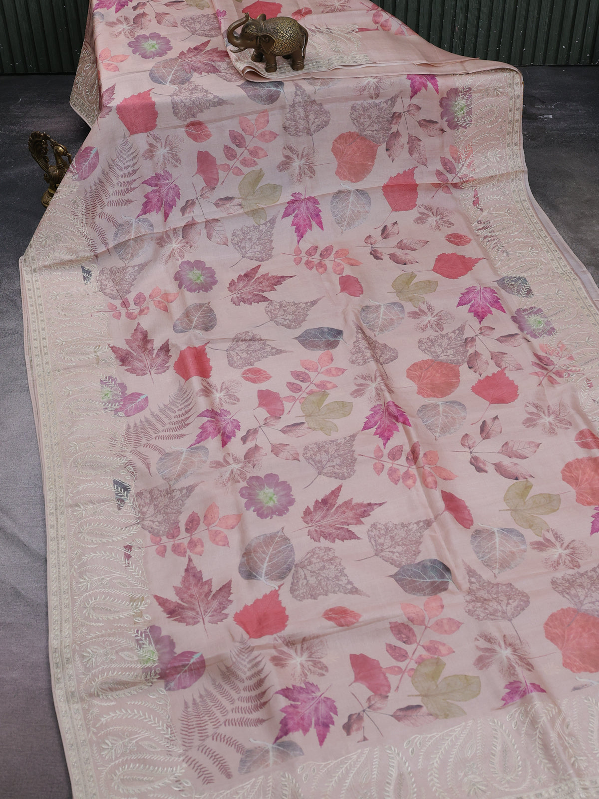 Light Peach Printed Tussar Silk Embroidery Saree