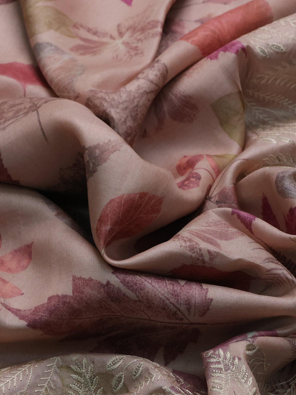 Light Peach Printed Tussar Silk Embroidery Saree