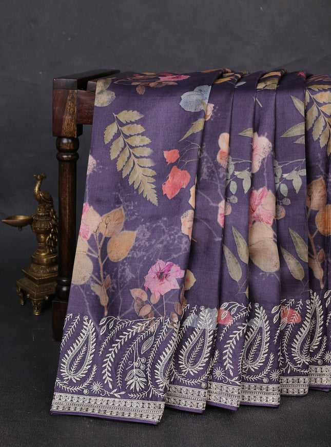 Deep Violet Printed Tussar Silk Embroidery Saree