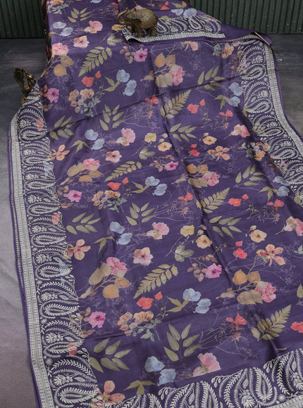 Deep Violet Printed Tussar Silk Embroidery Saree