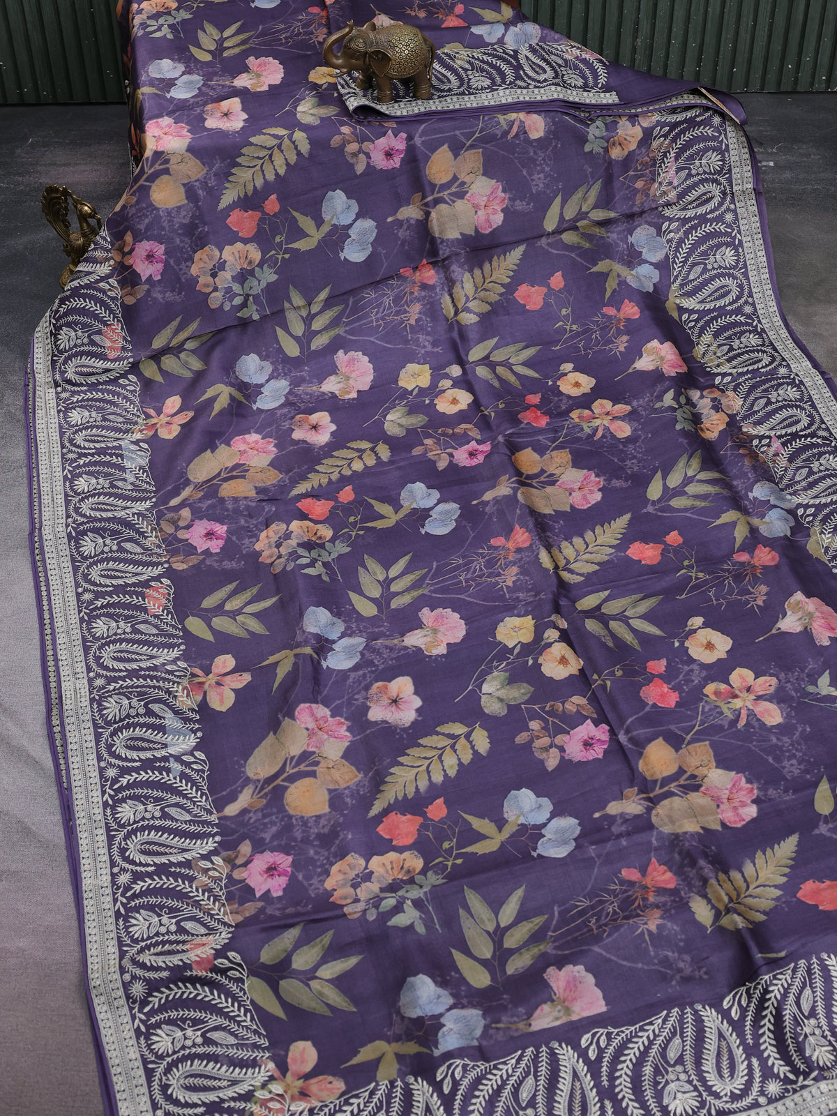 Deep Violet Printed Tussar Silk Embroidery Saree