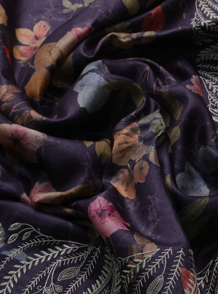 Deep Violet Printed Tussar Silk Embroidery Saree