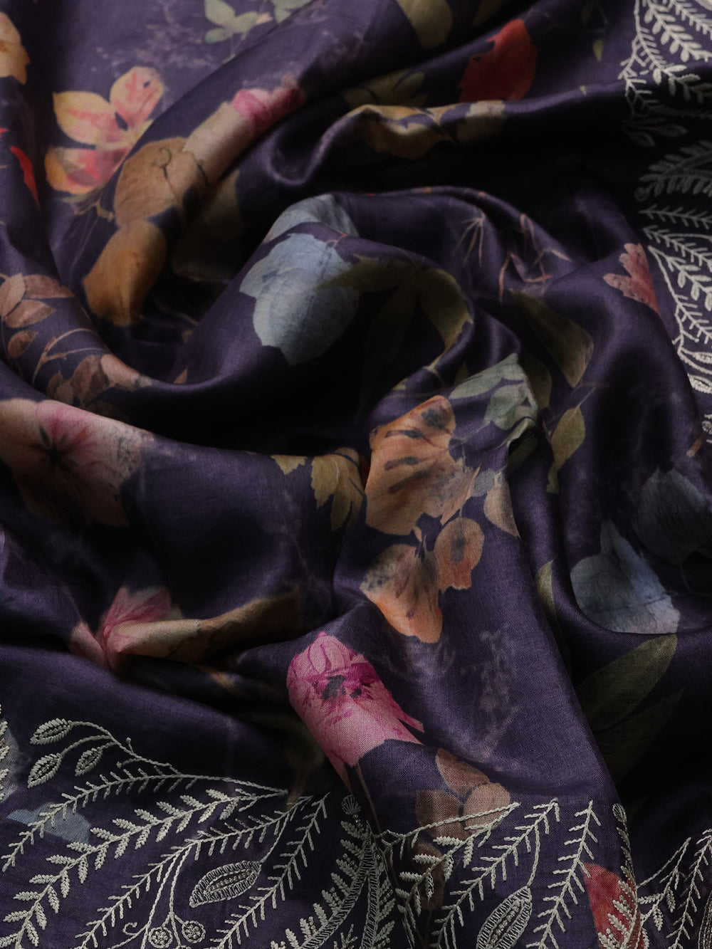 Deep Violet Printed Tussar Silk Embroidery Saree