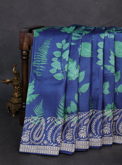 Blue Printed Tussar Silk Embroidery Saree