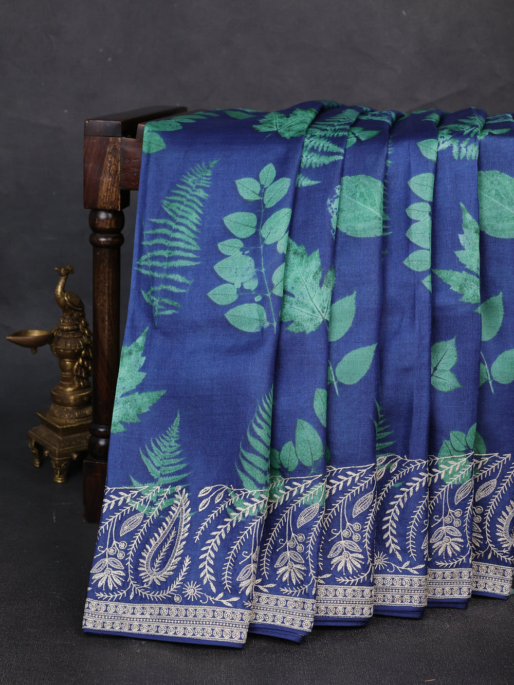 Blue Printed Tussar Silk Embroidery Saree