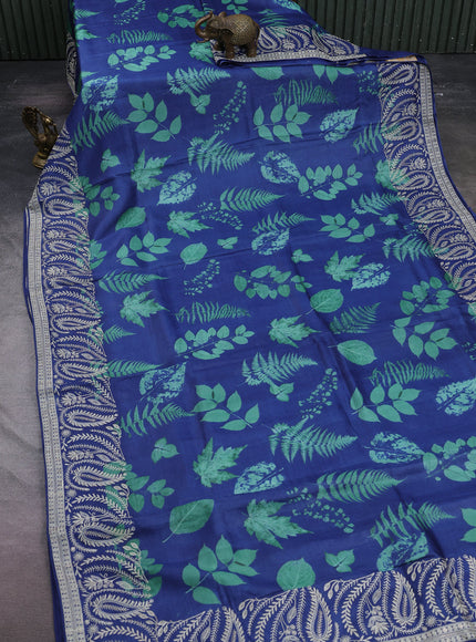 Blue Printed Tussar Silk Embroidery Saree