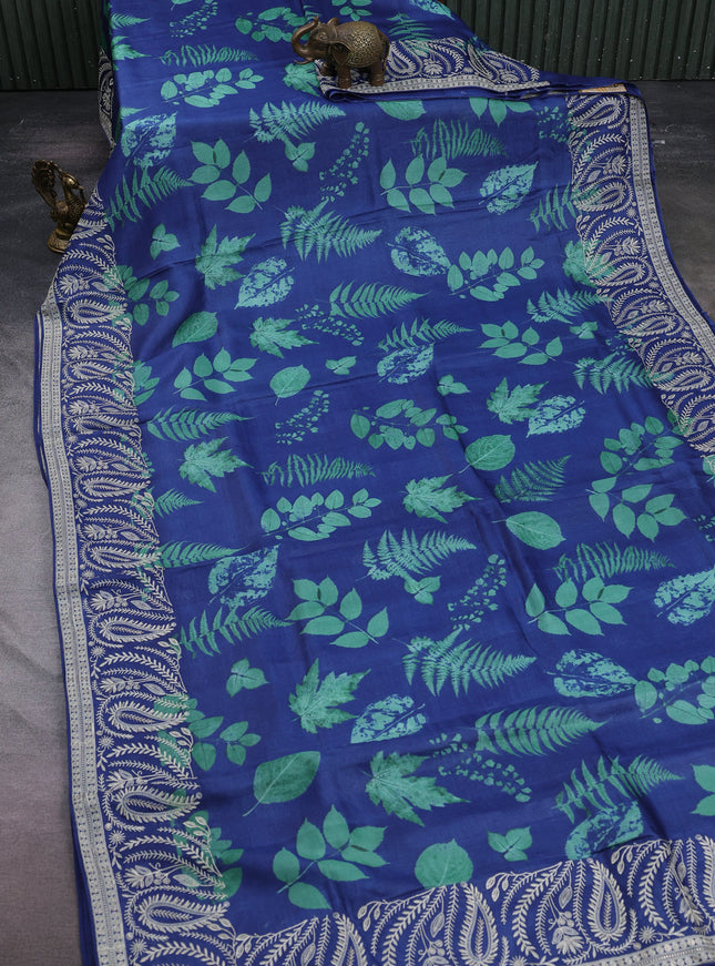 Blue Printed Tussar Silk Embroidery Saree