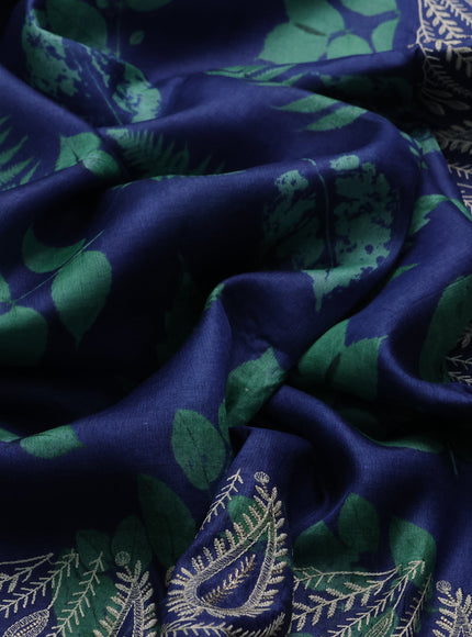 Blue Printed Tussar Silk Embroidery Saree
