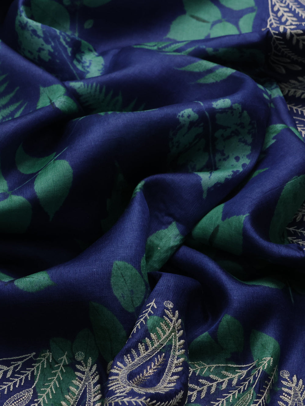 Blue Printed Tussar Silk Embroidery Saree