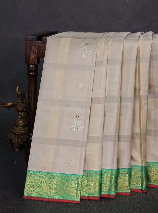 Grey - Green Kanchipuram Kora Silk Saree