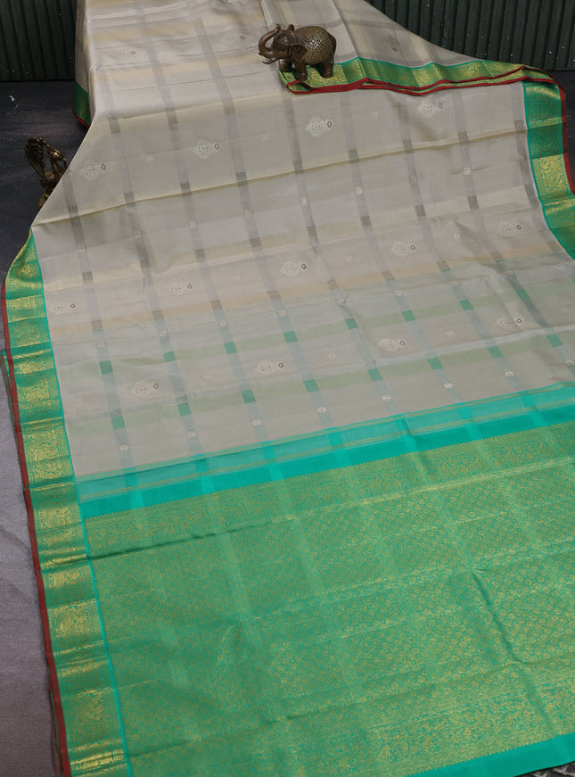 Grey - Green Kanchipuram Kora Silk Saree
