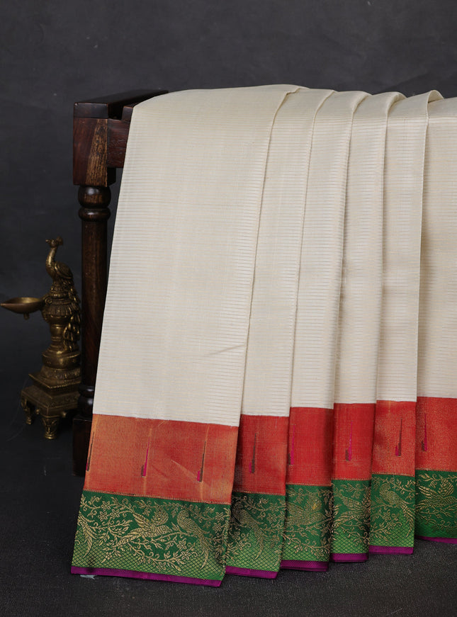 Off White - Red Pure Kanchipuram Silk Saree
