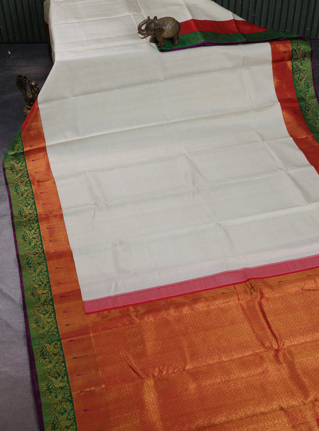 Off White - Red Pure Kanchipuram Silk Saree