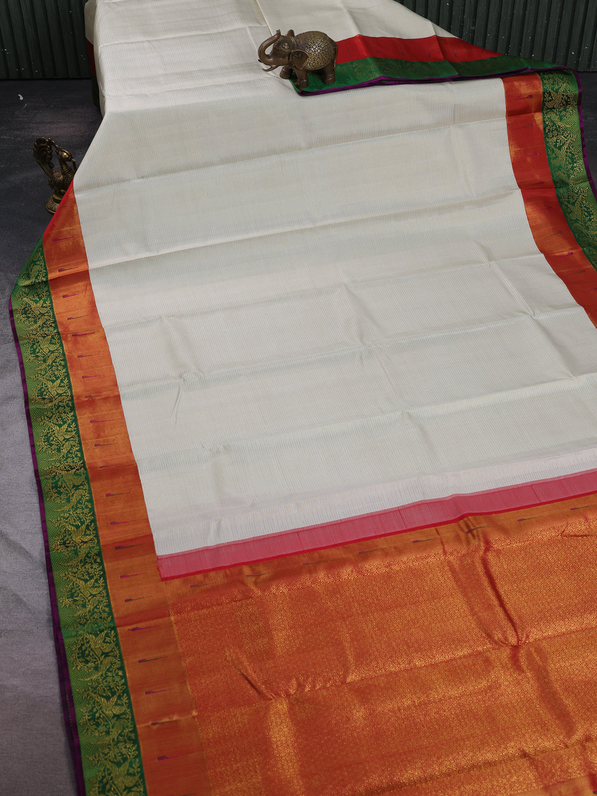 Off White - Red Pure Kanchipuram Silk Saree