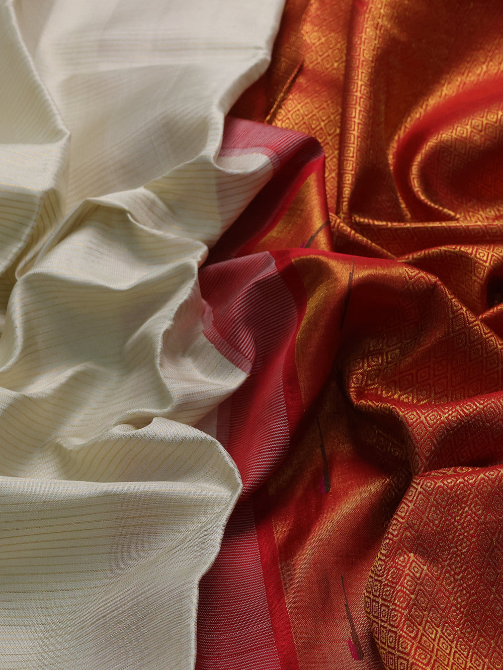 Off White - Red Pure Kanchipuram Silk Saree