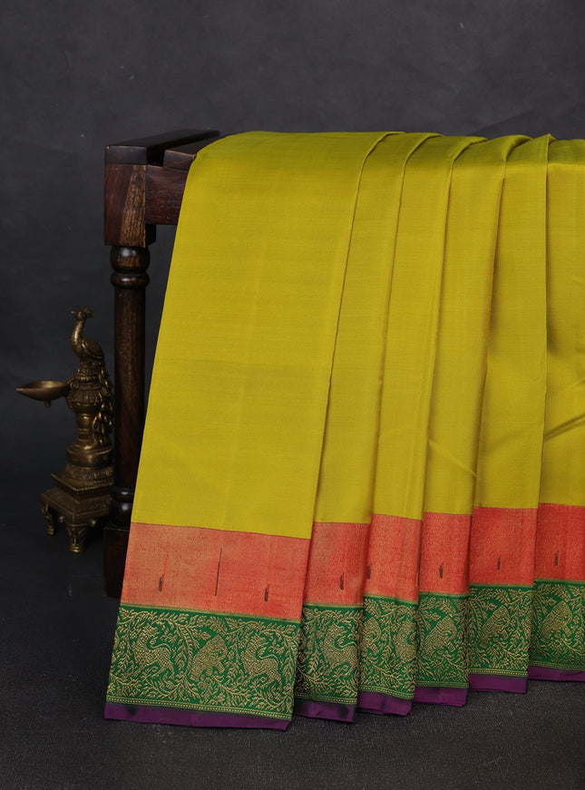 Lime Yellow - Red Pure Kanchipuram Silk Saree