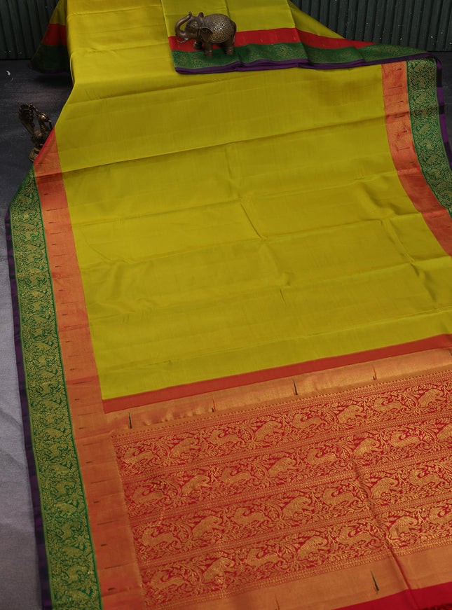 Lime Yellow - Red Pure Kanchipuram Silk Saree
