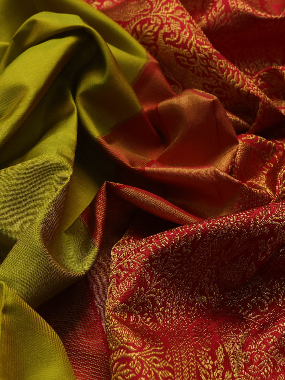 Lime Yellow - Red Pure Kanchipuram Silk Saree