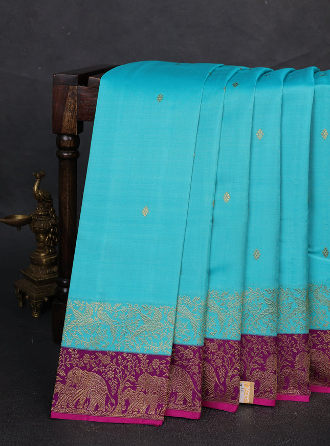 Turquoise Blue - Purple Pure Kanchipuram Silk Saree