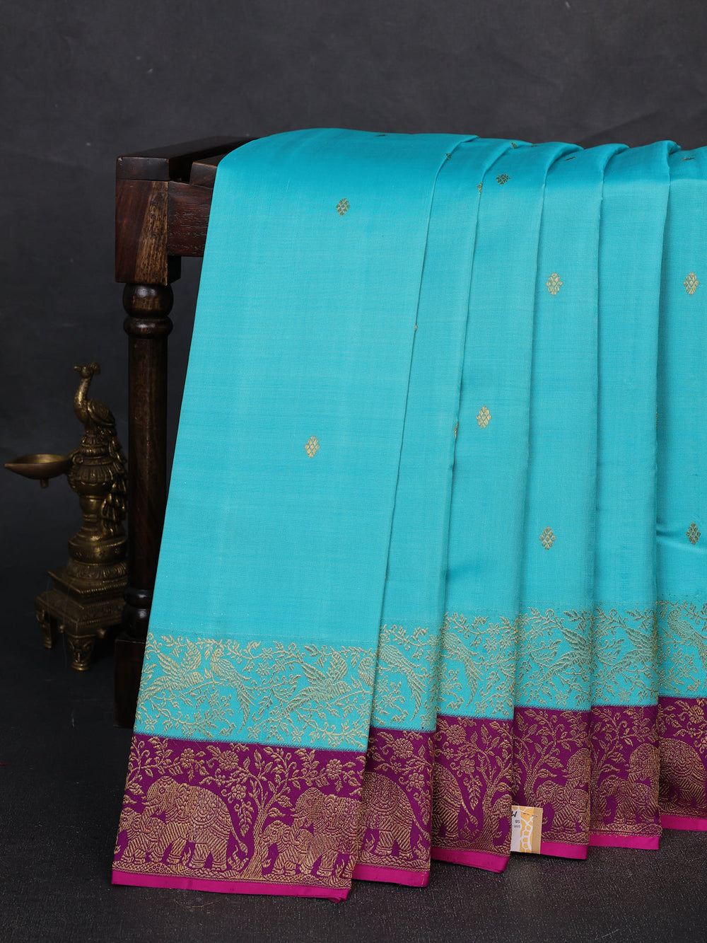 Turquoise Blue - Purple Pure Kanchipuram Silk Saree