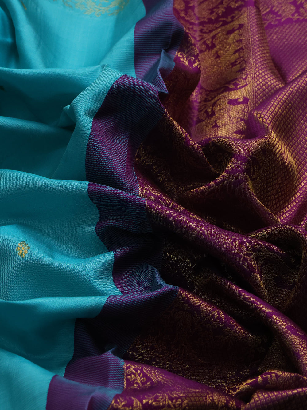 Turquoise Blue - Purple Pure Kanchipuram Silk Saree