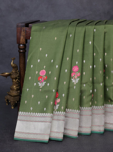 Sap Green - Bottle Green Banarasi Kora Silk Saree