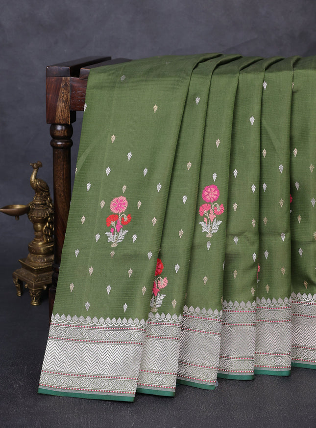 Sap Green - Bottle Green Banarasi Kora Silk Saree